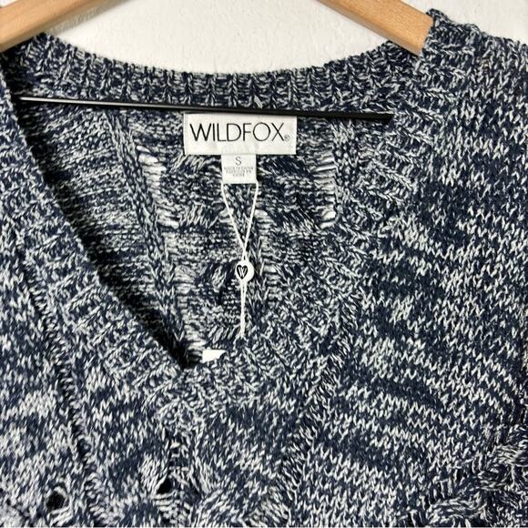 WILDFOX NANCY OXFORD DISTRESSED RIB-KNIT BLUE WOMEN V-NECK SWEATER SMALL NEW - Picture 6 of 6